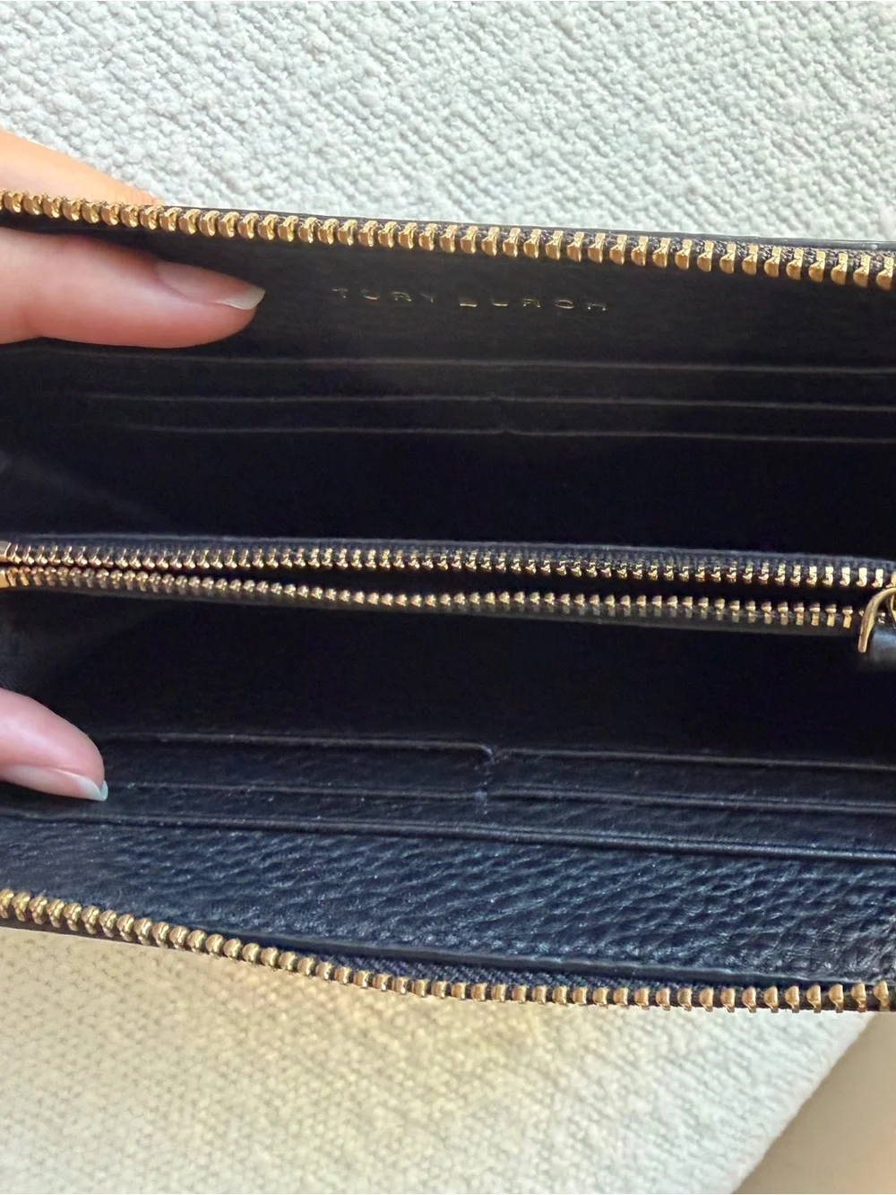 Tory Burch Black Pebbled Leather Zip Wallet with Gold Logo